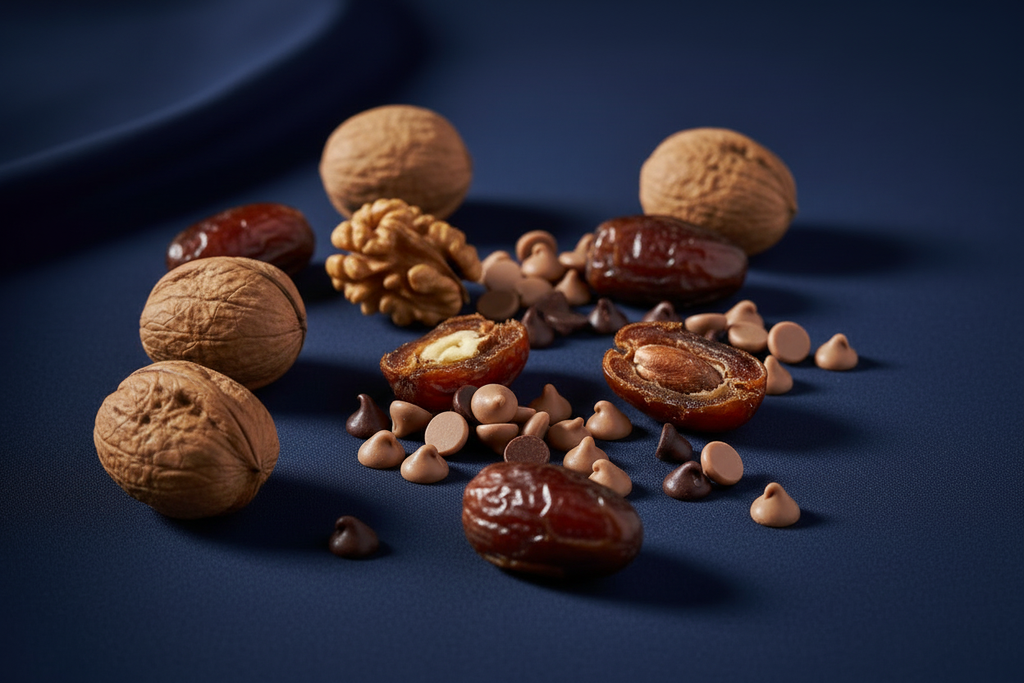 add a few more wallnuts and dates with milk and dark chocolate chips scattered around