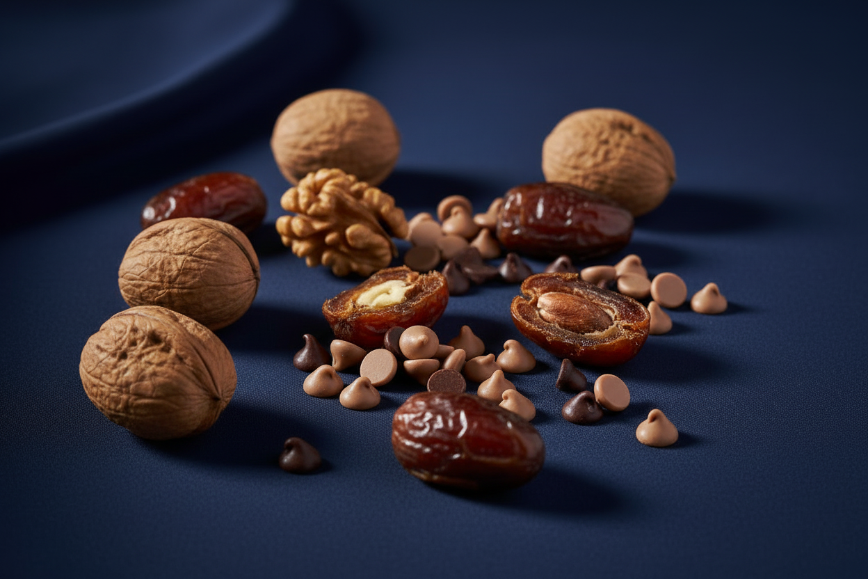 add a few more wallnuts and dates with milk and dark chocolate chips scattered around