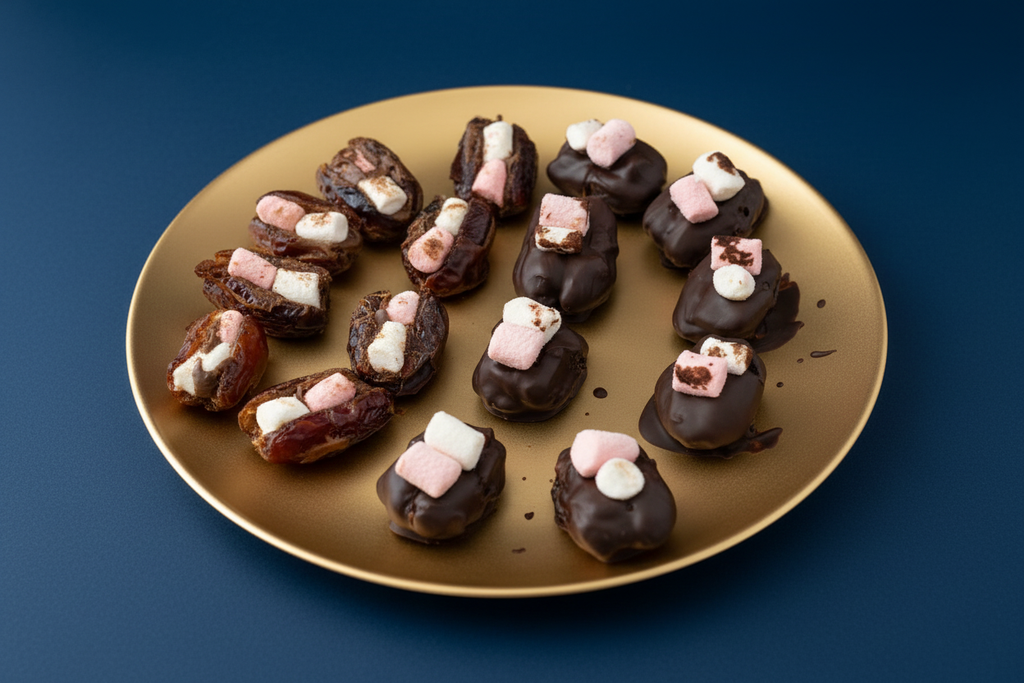 Chocolate dates on solid gold plate