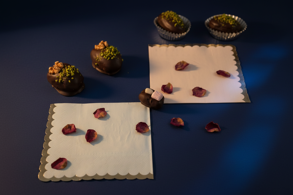 Chocolate dates with rose petals