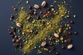 crushed pistatchioi, pistatio kernels, dark chocolate chips, milk chocolate chips scattered on a navy background