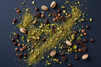 crushed pistatchioi, pistatio kernels, dark chocolate chips, milk chocolate chips scattered on a navy background