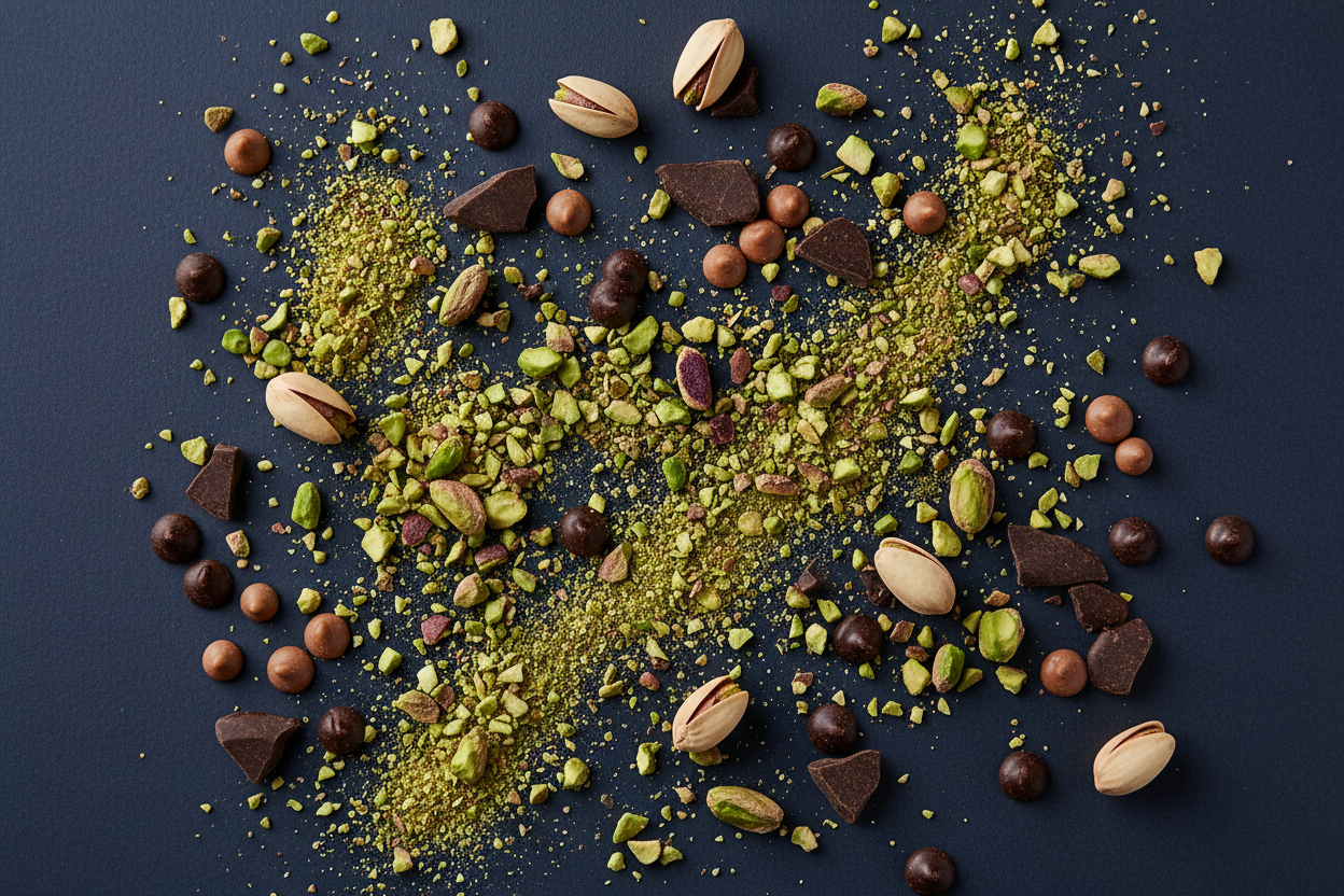 crushed pistatchioi, pistatio kernels, dark chocolate chips, milk chocolate chips scattered on a navy background