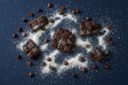 dark chocolate chunks, coconut dust, milk and dark chocolate chips scattered on navy background