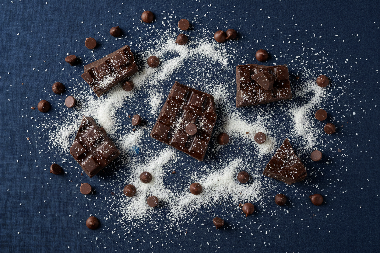 dark chocolate chunks, coconut dust, milk and dark chocolate chips scattered on navy background