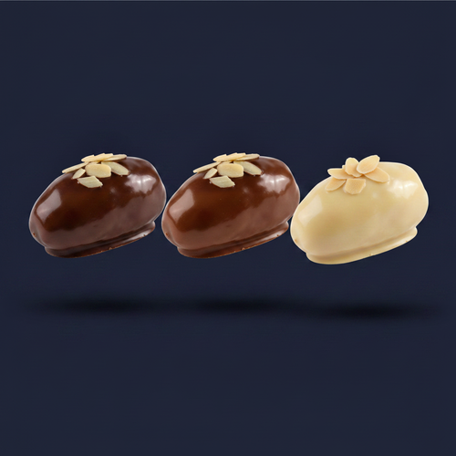 Dark, Milk & White Chocolate Dates with Almond Topping