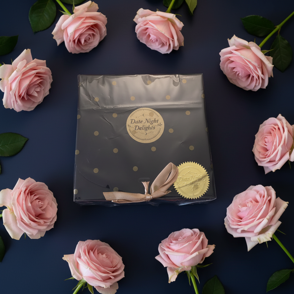 Date Night Delights box with navy background and roses