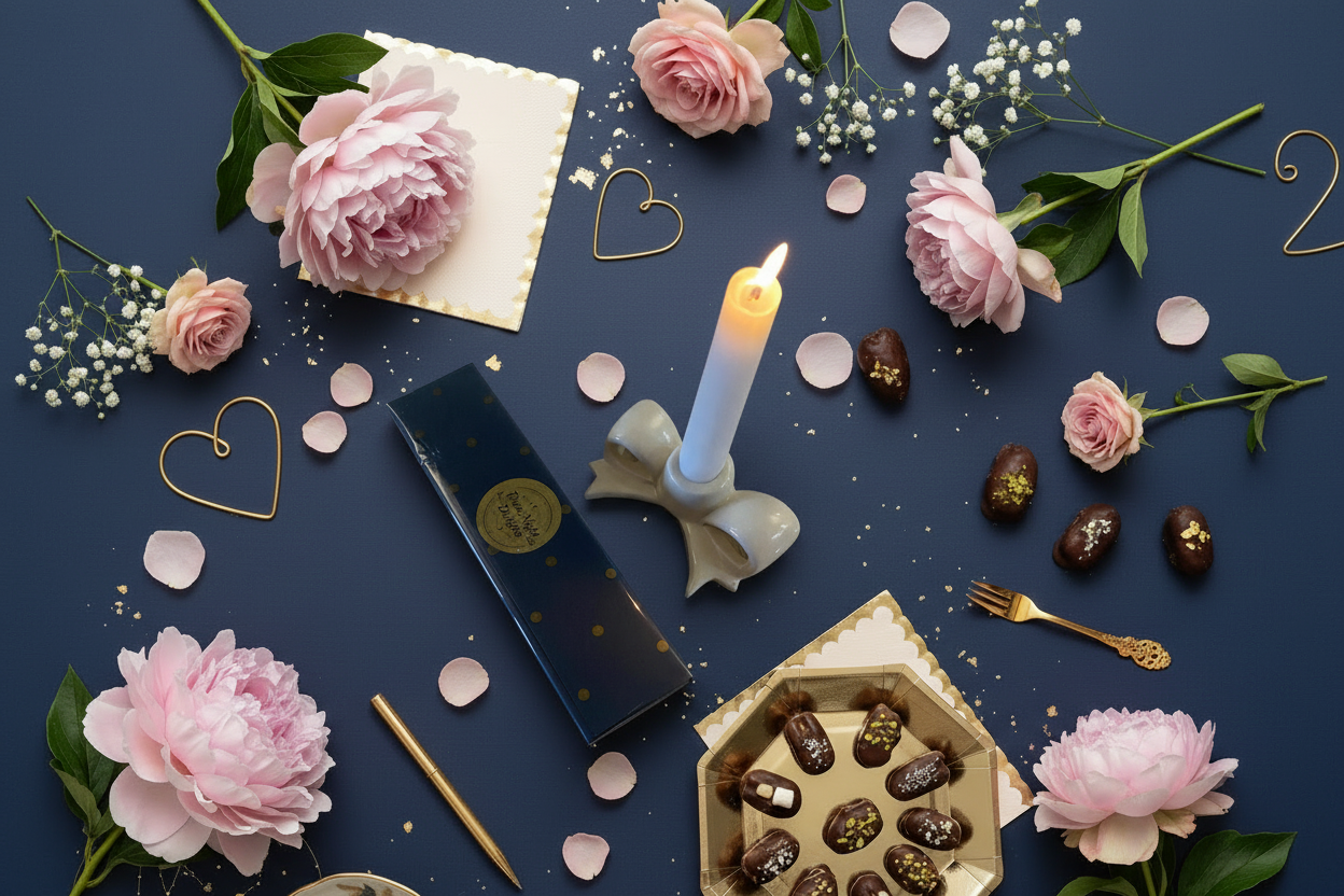 Date Night Delights flat lay with candle