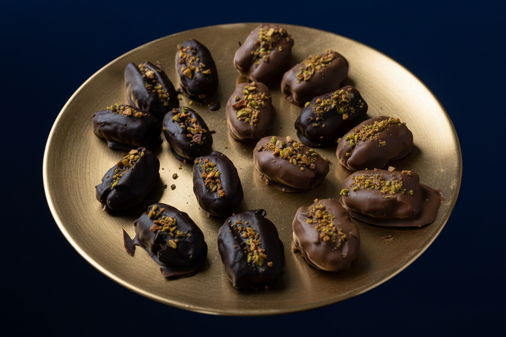 Pistachio dates on gold plate - navy theme