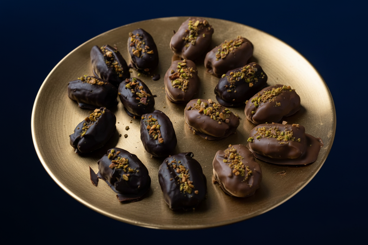 Pistachio dates on gold plate - navy theme