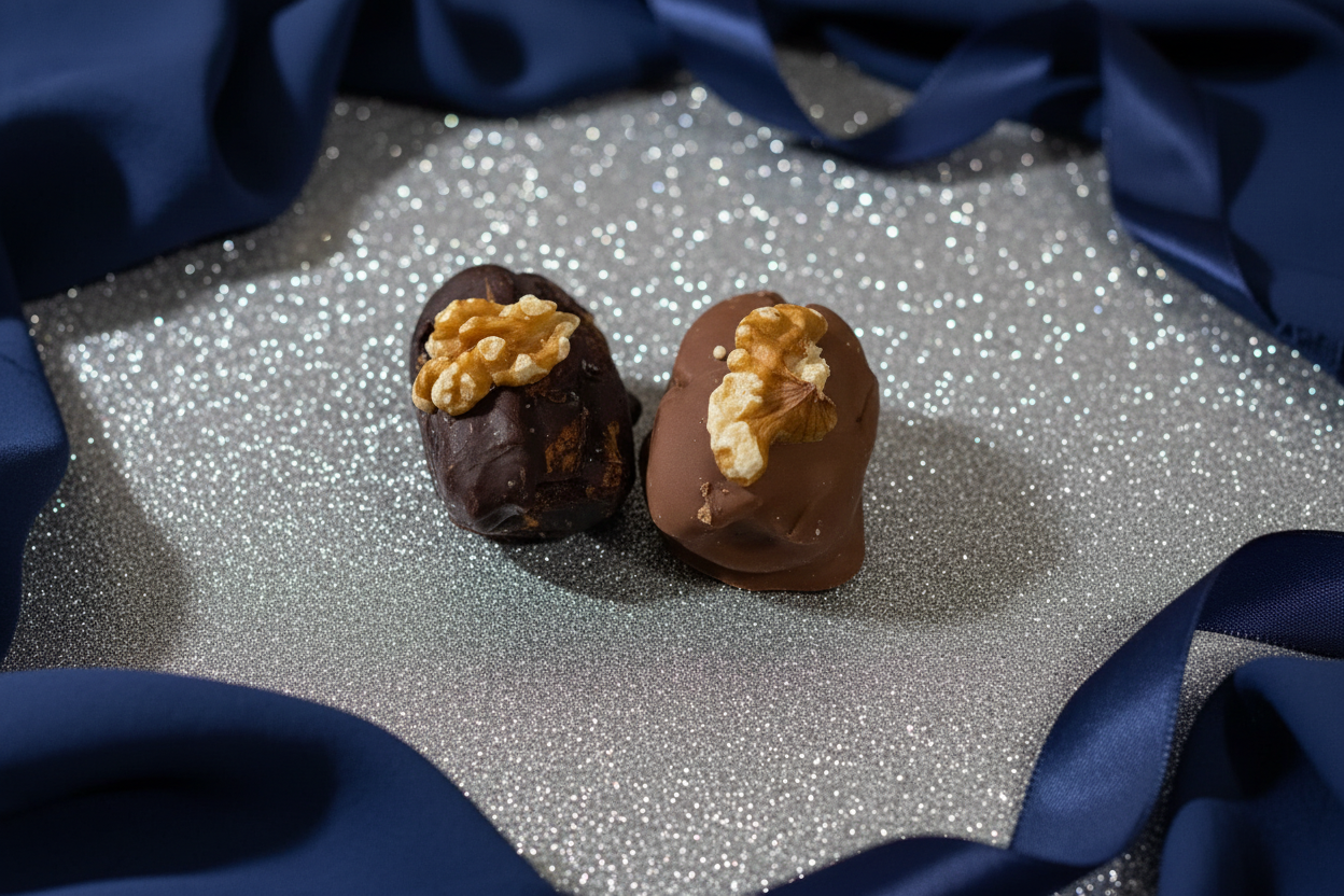 Two walnut chocolate dates - navy theme